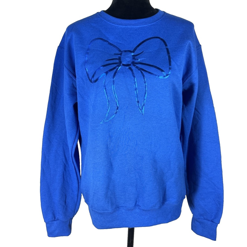 Blue Sweatshirt SMALL Metallic Bow Raised Puff Crew Neck Long Sl‎ ~  MADE BY ME!